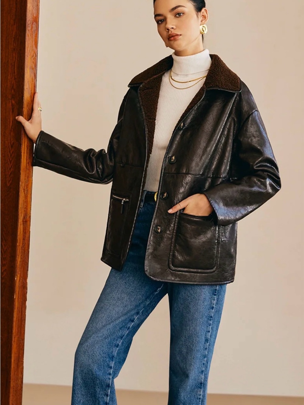 Commense Double Sided Faux Leather Fleece Jacket Size Medium